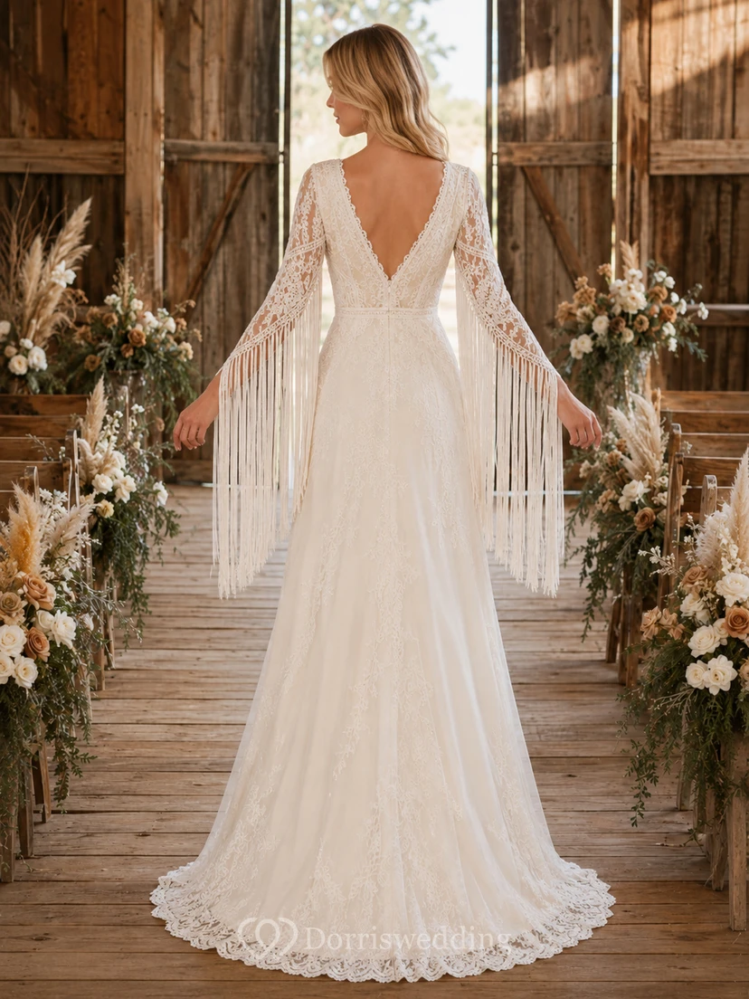 Vestido de novia bohemio rústico con mangas de flecos y encaje, corte en A view 2