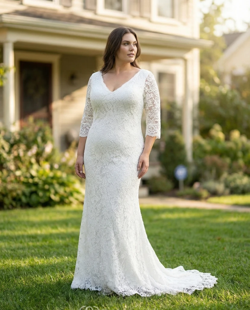 Vestido de novia de sirena con escote en V y encaje, con cola.
