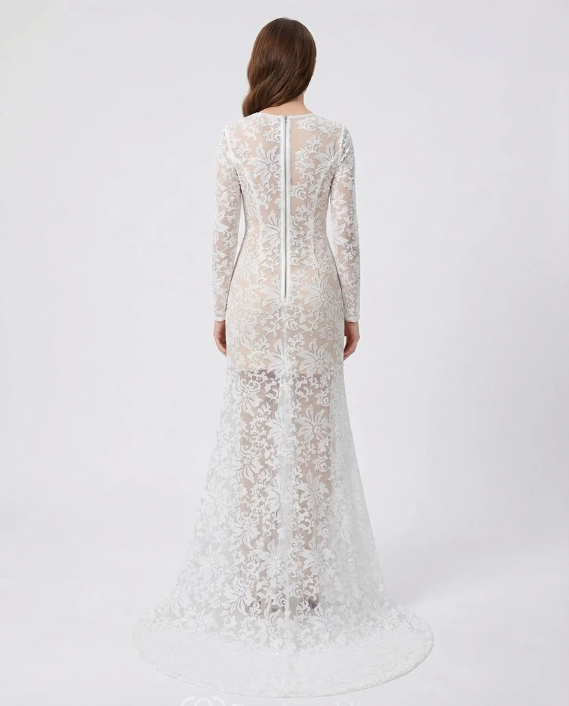 Long Sleeve Deep V-Neck Lace Prom Dress view 2