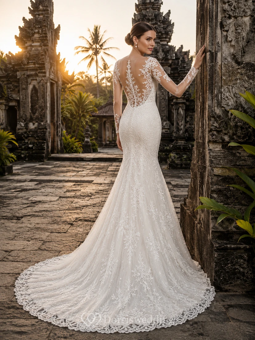 Robe de mariée sirène en dentelle à manches longues et col en V, style romantique, avec traîne chapelle et effet trompe-l'œil. view 2