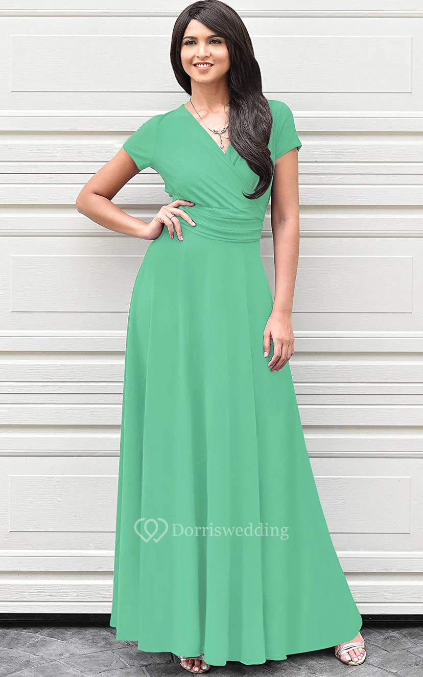 Modern Jersey V-neck Short Sleeve Mother Dress With Criss Cross and Pleats view 19