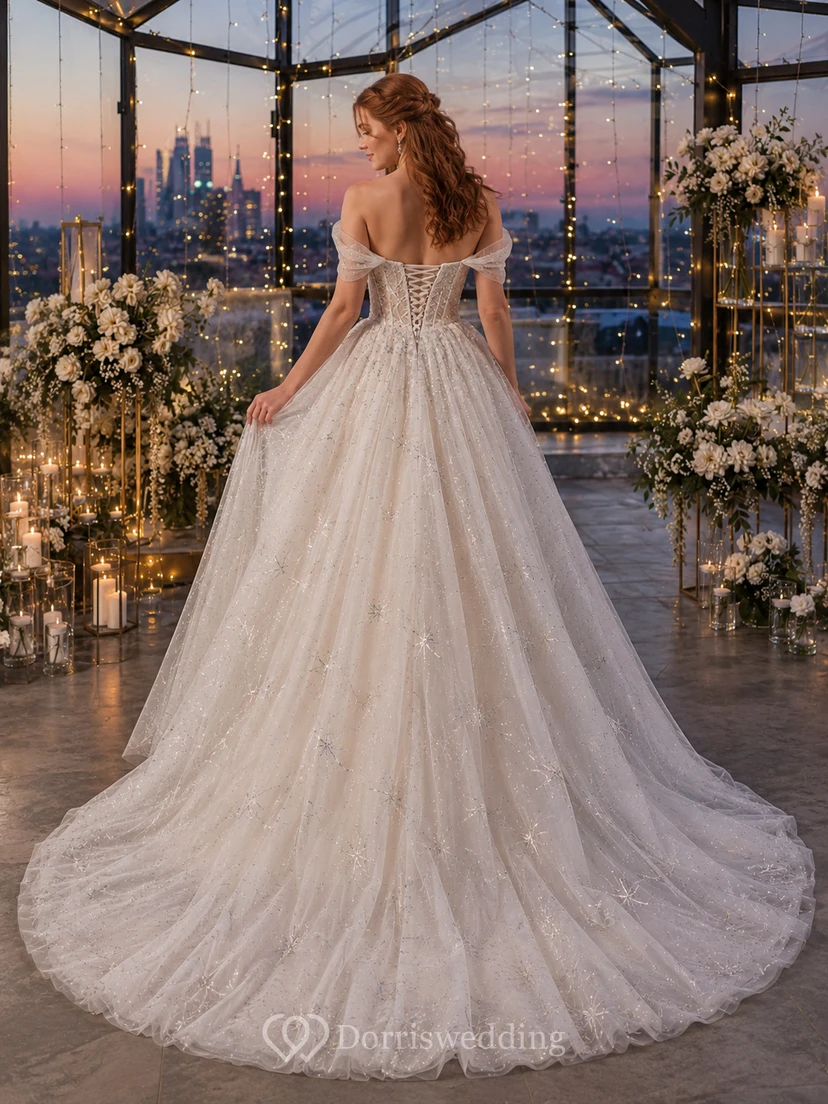 Off Shoulder Starry Tulle Ball Gown Rooftop Bridal Dress view 2
