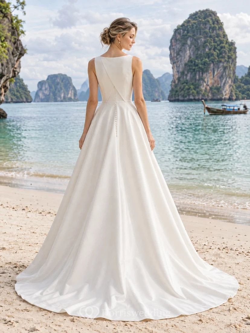 Schlichtes, ärmelloses Brautkleid aus Satin mit U-Boot-Ausschnitt und A-Linien-Schleppe view 2