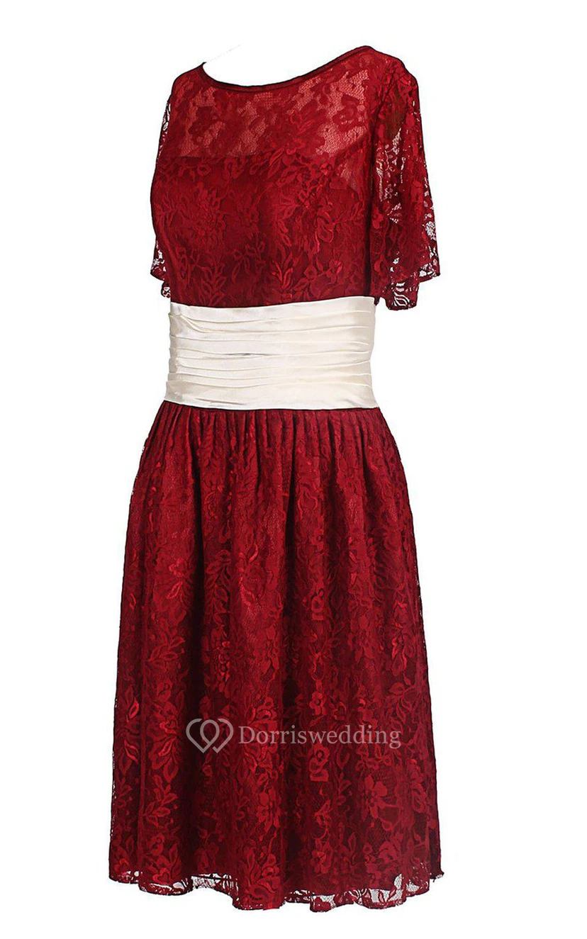 Half-sleeved A-line Lace Dress With Ruched Waist view 3