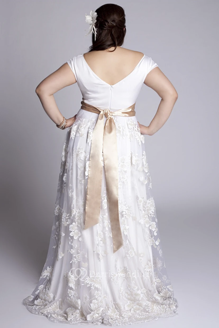 Plus Size Off-Shoulder A-Line Vintage Lace Floor Length Wedding Gown With Sash view 2