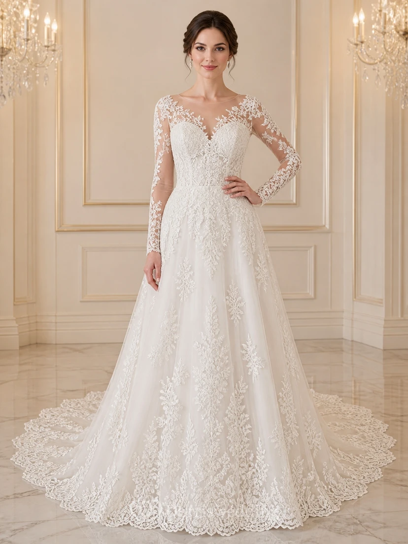 Vestido de novia catedral modesto de manga larga, corte A, estilo barco, con encaje floral y falda tipo catedral.