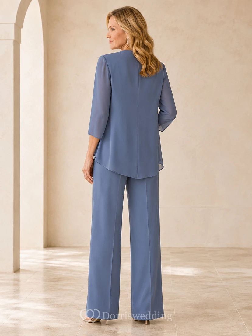 Mother Steel Blue Chiffon Pantsuit with Cowl Neck Draped Jacket and Wide Leg Pants view 2