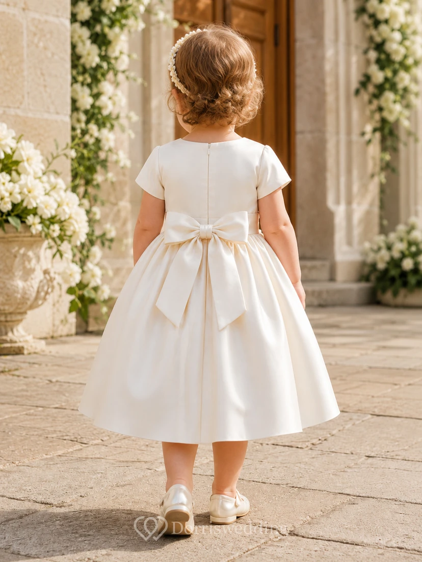 Short Sleeve Baptism Dress A-Line Satin Jewel Neck Pleated Bodice Bow Back view 2