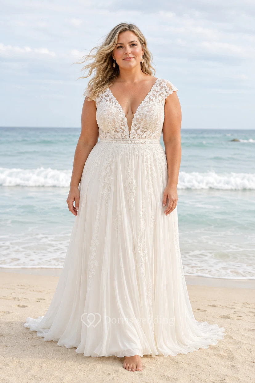 Plus Size elfenbeinfarbenes Chiffon-Hochzeitskleid in A-Linie mit V-Ausschnitt, kurzen Ärmeln und kurzen Ärmeln
