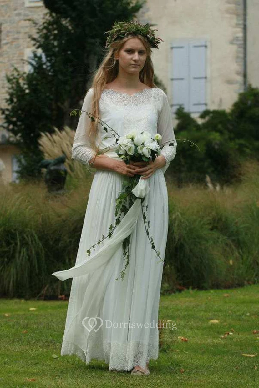 Bateau-Hochzeitskleid mit langen Ärmeln, Spitze und Chiffon, plissiert view 3