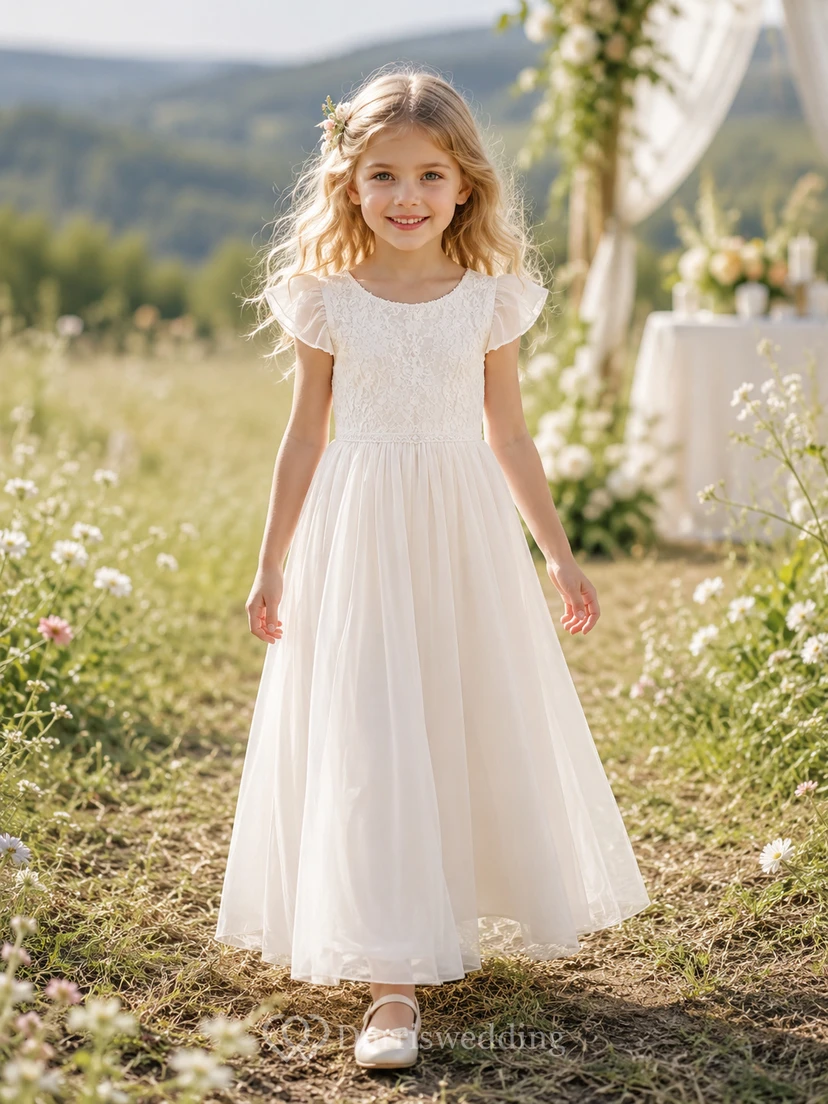Flower Girl Dress Ivory Lace Tulle A-Line Short Sleeve Scoop Neck Tea Length
