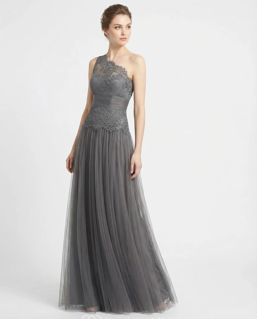 One Shoulder Tulle Prom Gown with Bandage