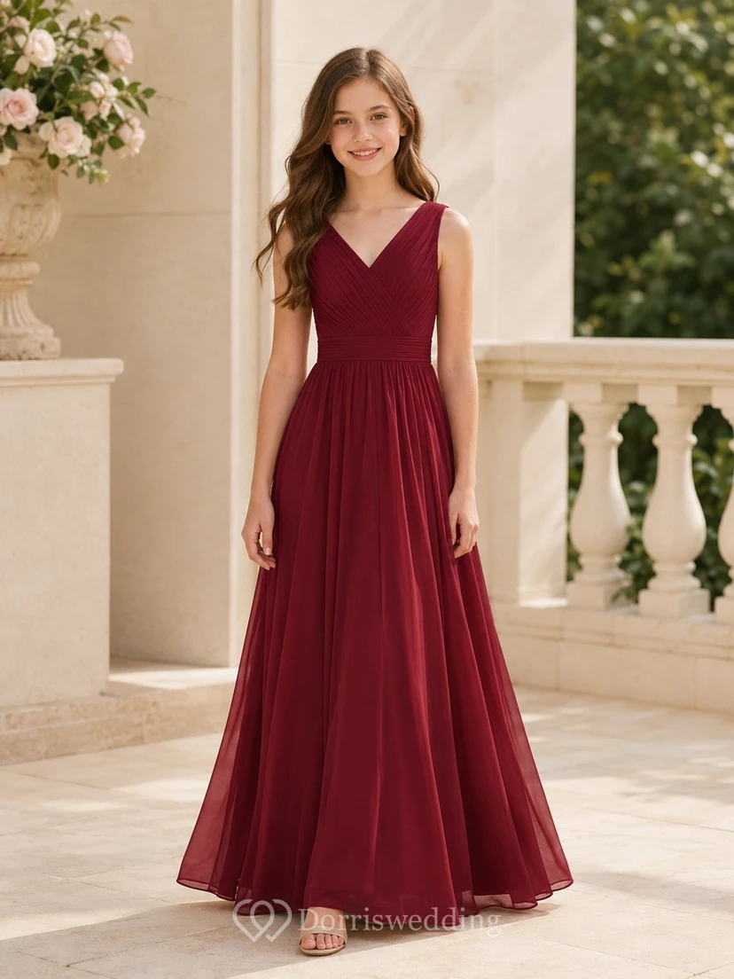 Robe de demoiselle d'honneur junior bordeaux, coupe trapèze, longueur au sol, col en V, sans manches, corsage épuré, style romantique