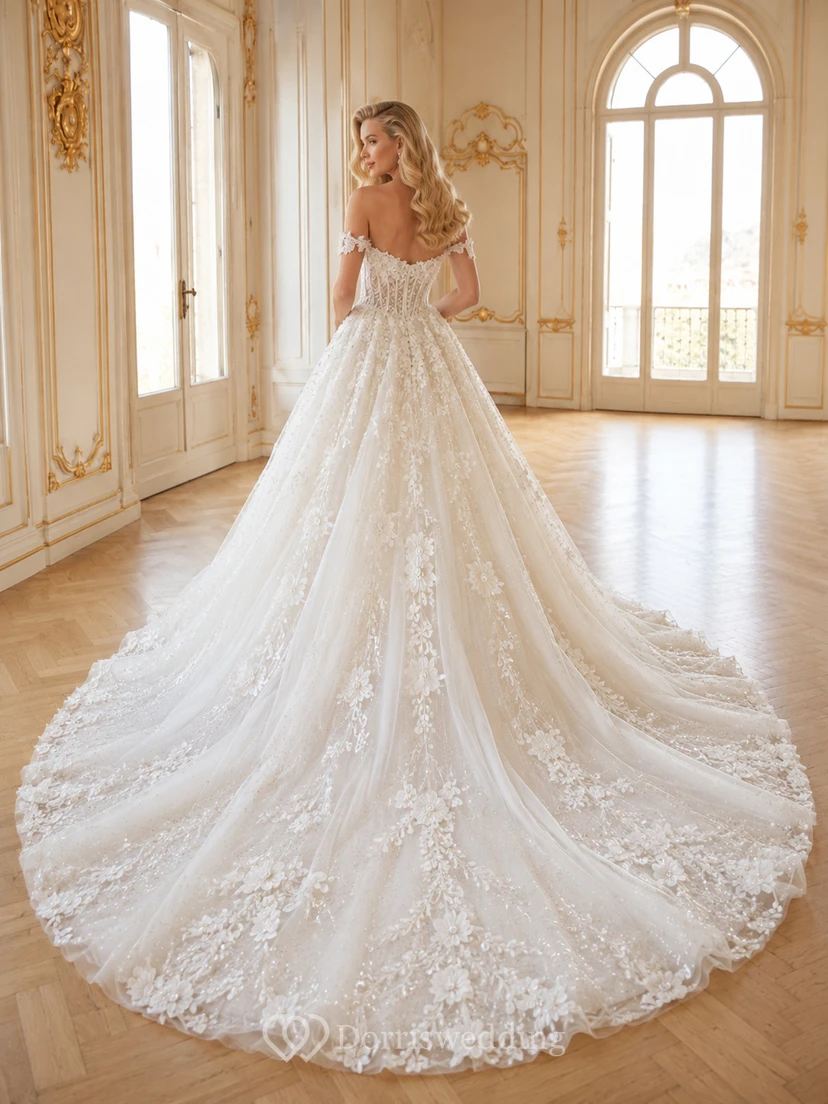 Robe de bal en tulle et dentelle florale à épaules dénudées avec traîne cathédrale view 2
