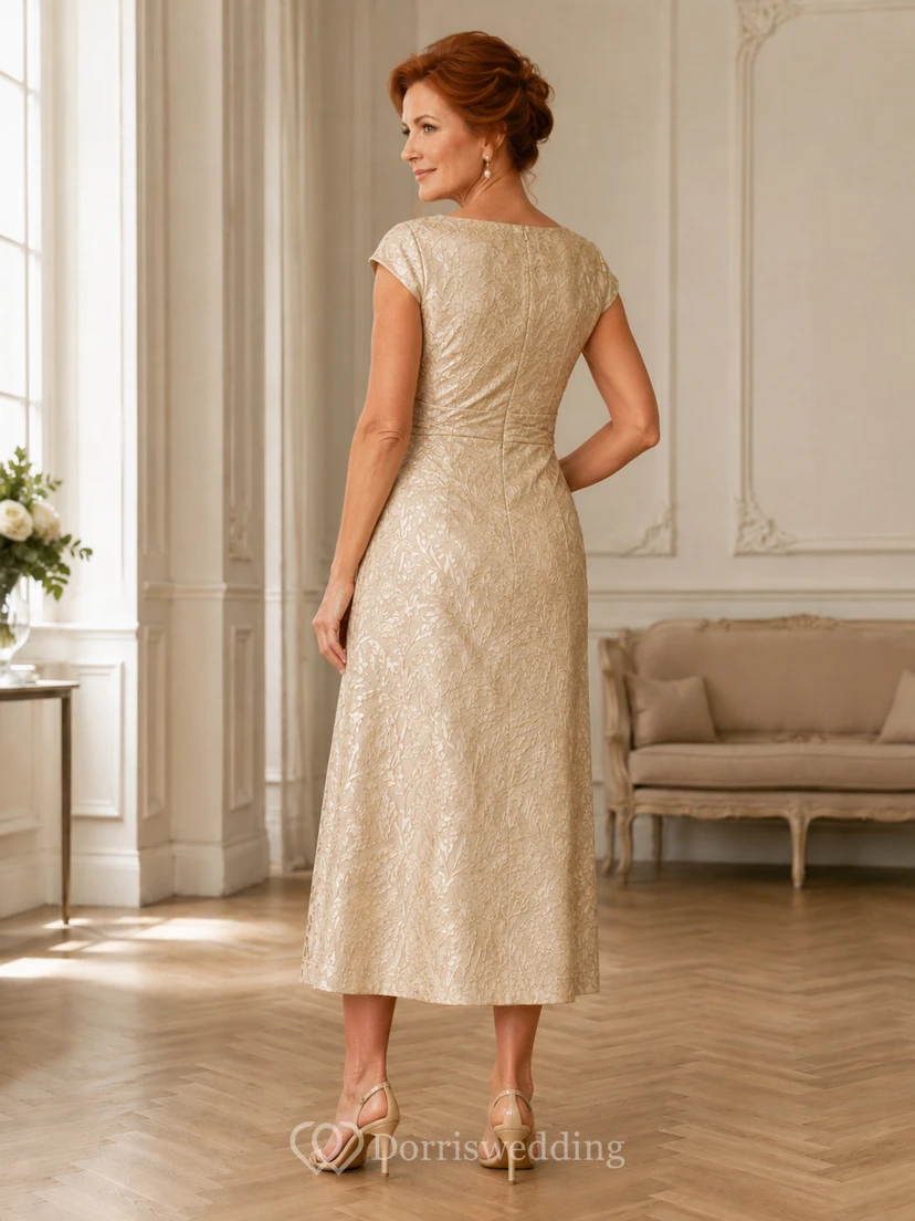 Soft Gold Elegant V-Neck Jacquard A-Line Tea-Length Mother of the Bride Midi Dress with Cap Sleeves and Wrap Bodice view 2