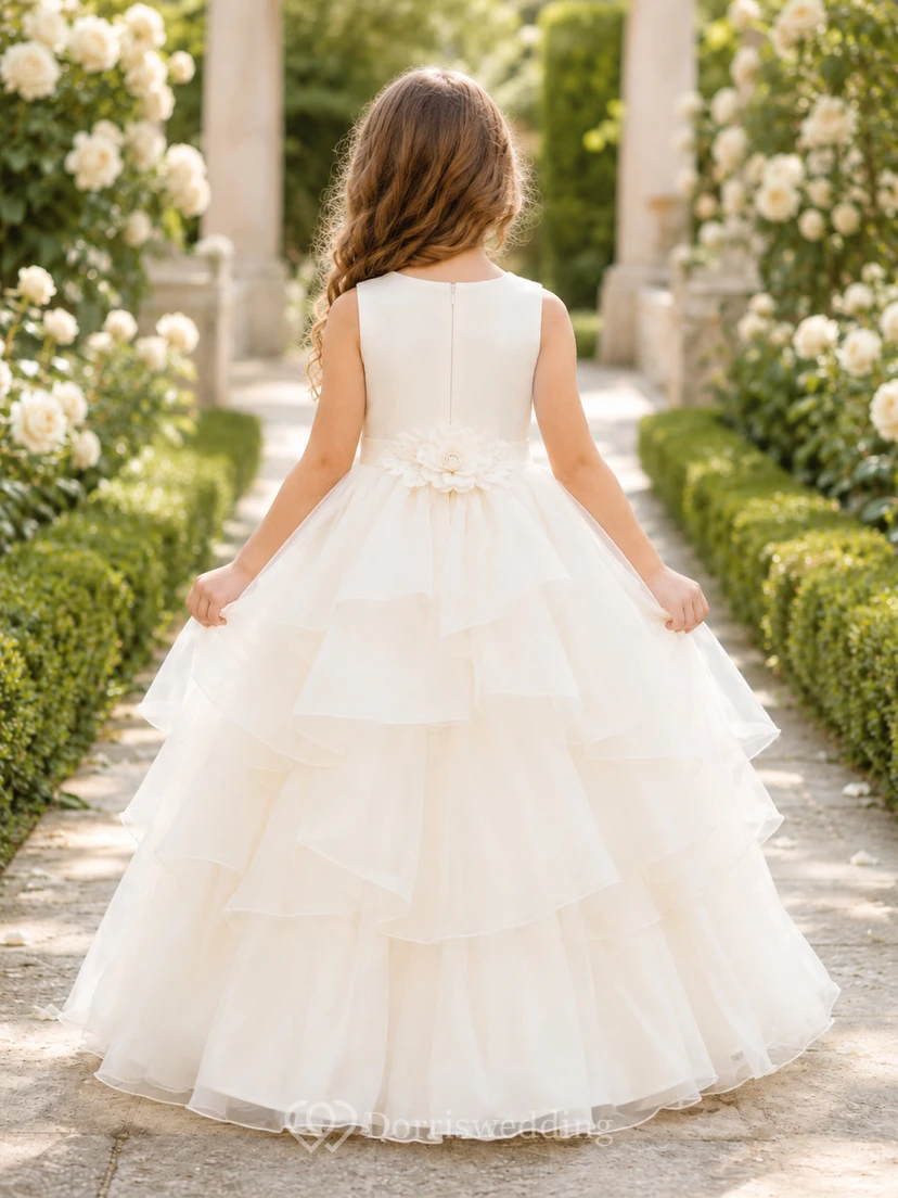 Vestido de niña de las flores de organza color marfil con falda acampanada en línea A, sin mangas, cuello joya, largo hasta el suelo, para ceremonia en el jardín. view 2