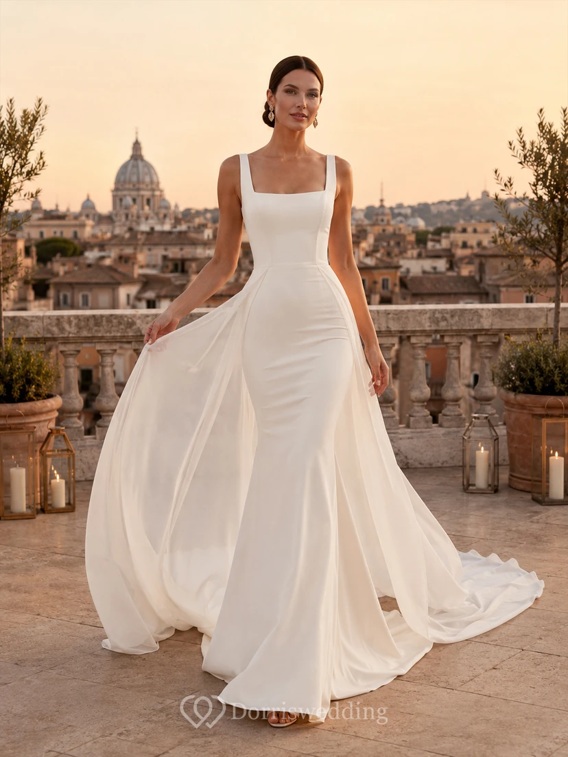 Robe de mariée moderne en crêpe mousseline à encolure carrée et jupe fourreau, idéale pour un mariage à destination.