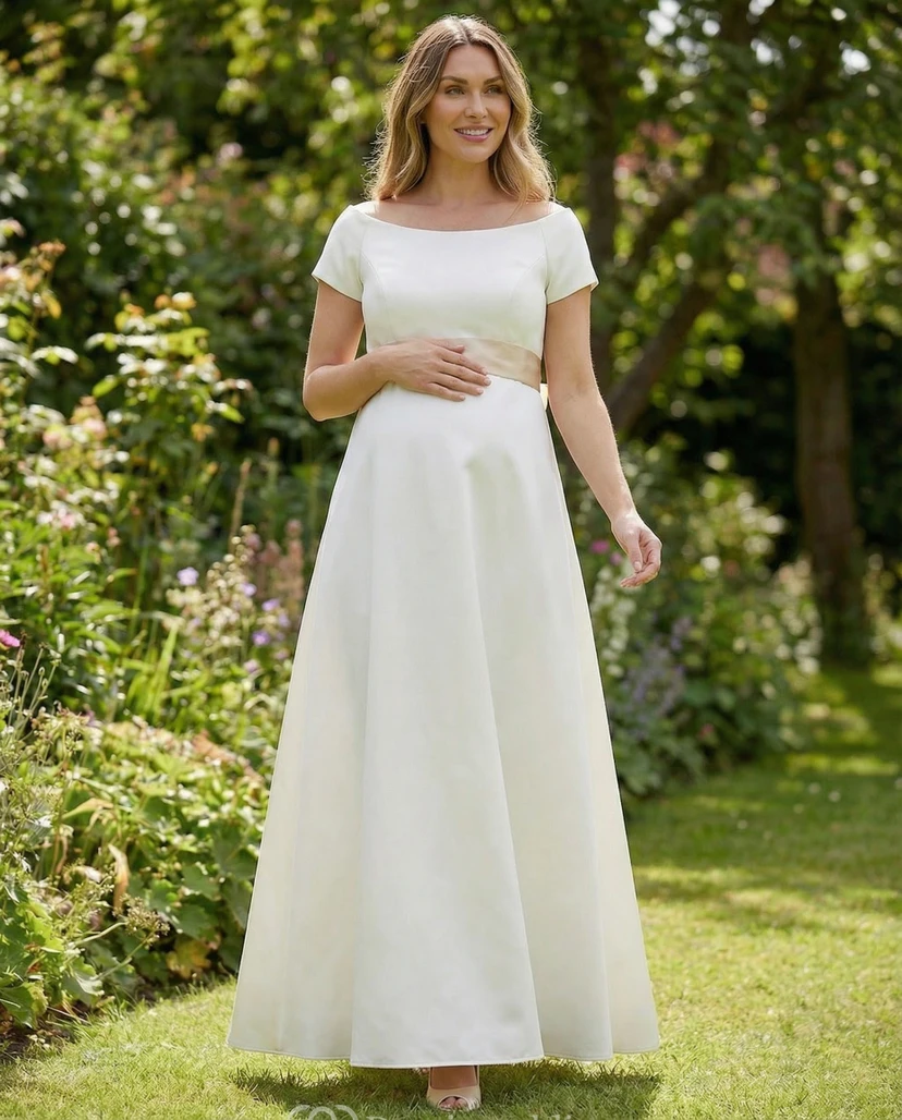 Simple White Satin Maternity Wedding Dress with Bateau Neck