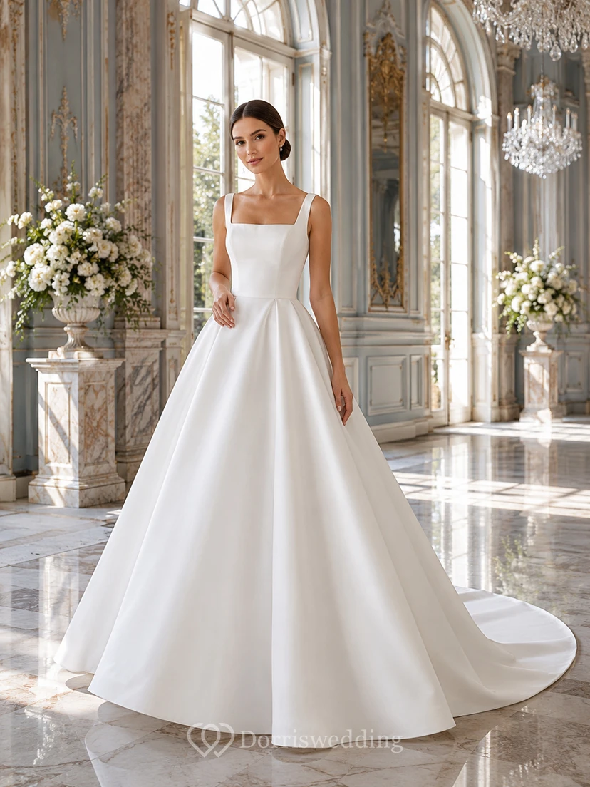 Clean Square Neck Satin Ball Gown Ballroom Bridal Dress