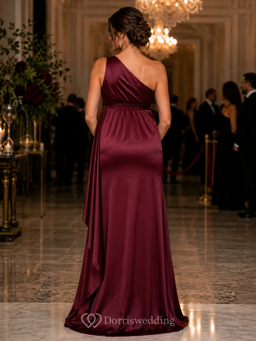 Maternity Sheath Satin Maternity Dress with One-Shoulder, Sleeveless and Drape Split Front, Floor Length view 2