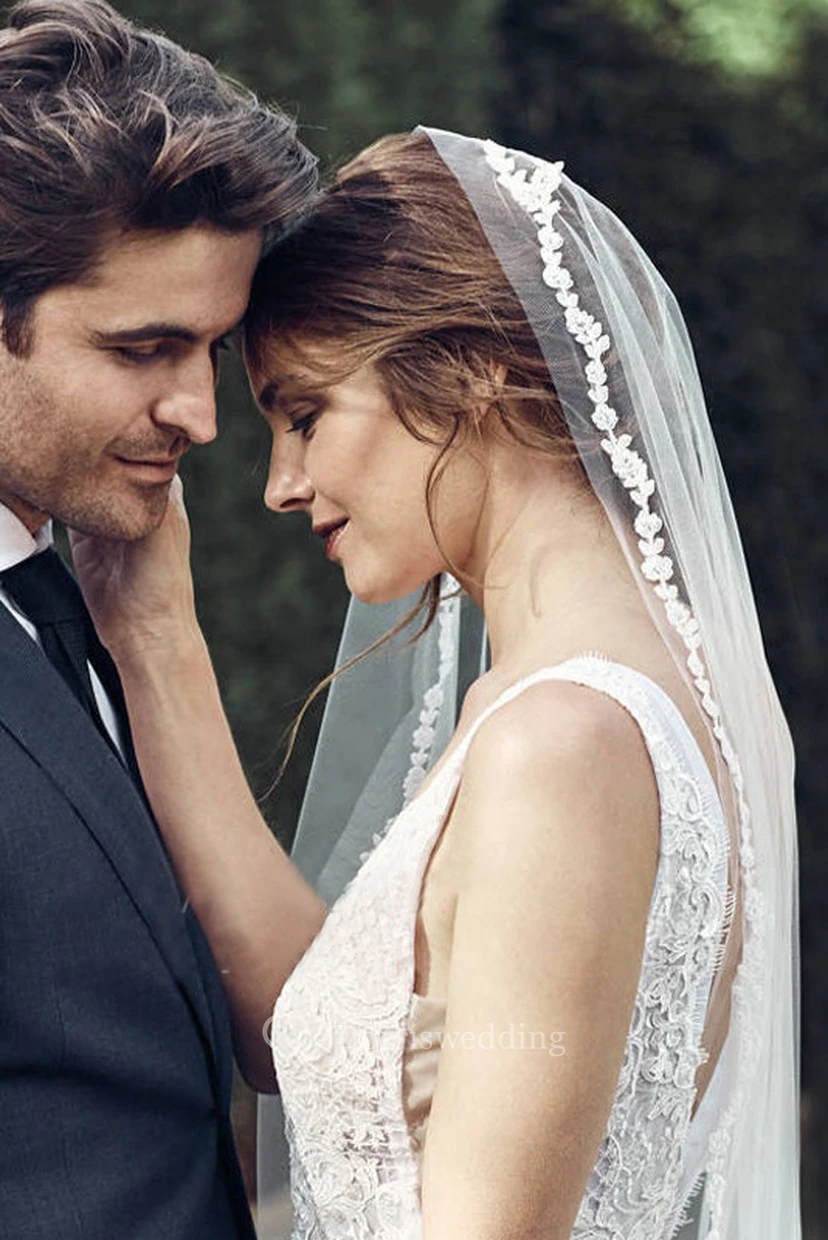  Simple Retro Lace Edge Bridal Veil With Long Tail