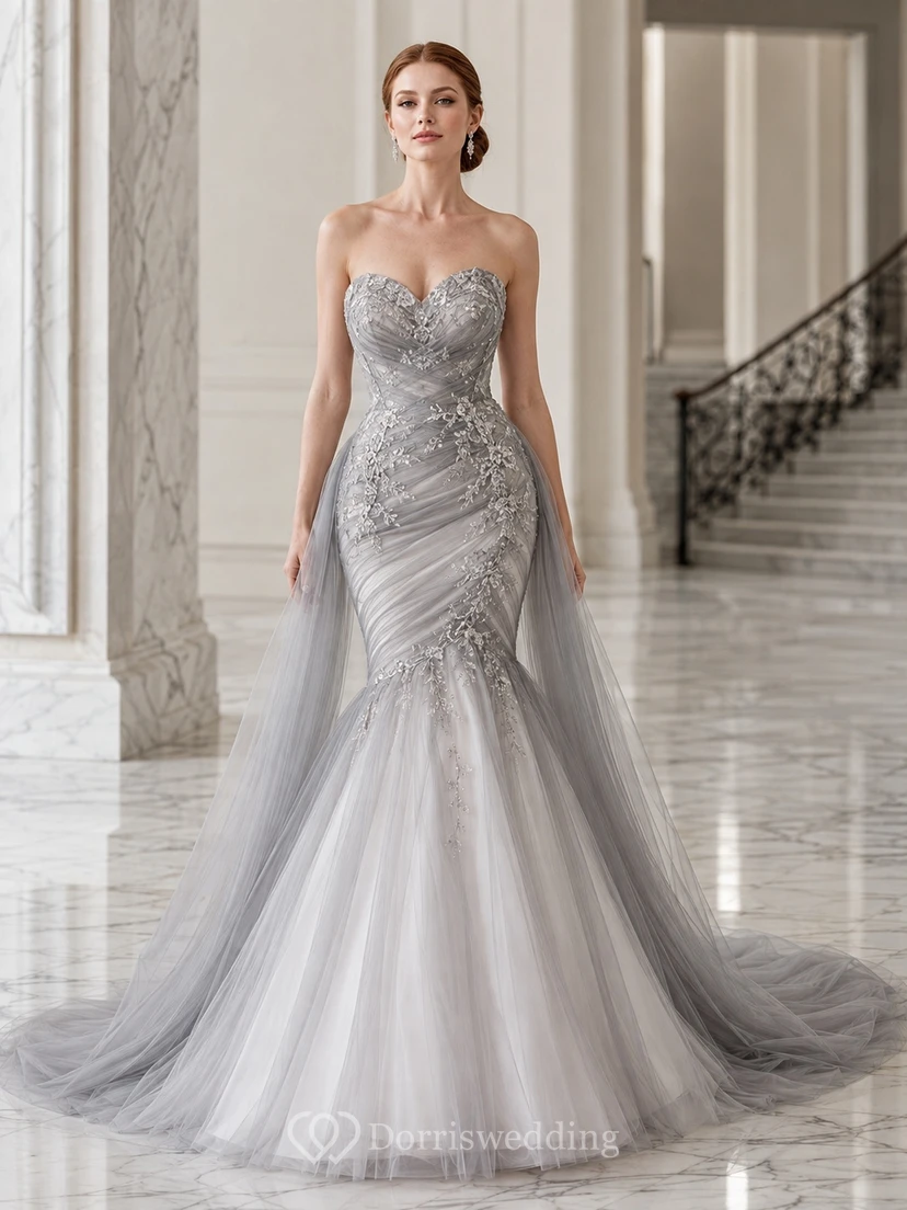 Steel Gray Mermaid Sweetheart Beaded Tulle Ruching Sweep Luxury Bridal Gown