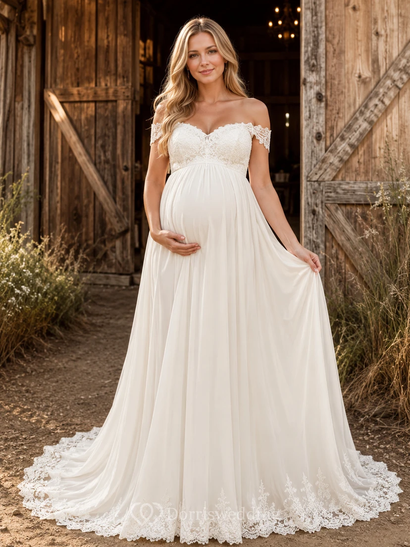 A-Line Boho Maternity Wedding Dress Off Shoulder Lace Bodice Bridal Gown with Sweep Train