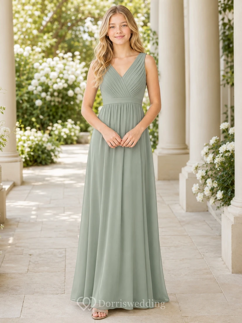 Vestido de dama de honor juvenil color celadón, corte en A, escote en V, sin mangas, de gasa, estilo romántico.