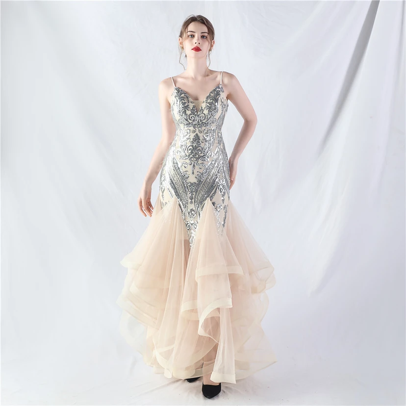 Vestido de actuación para celebración de baile caliente con cuentas de flores y posicionamiento de red rígida. view 56