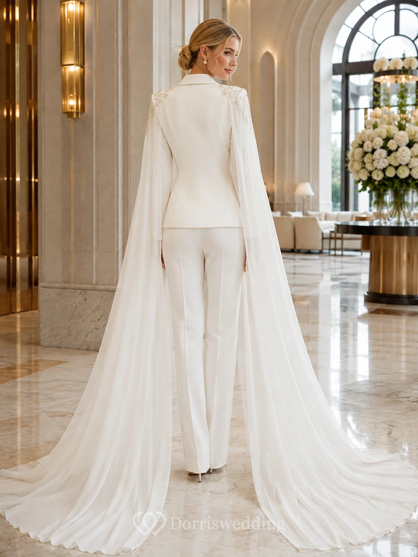 Minimalist Satin Chiffon Wedding Jumpsuit V-Neck Long Sleeve Sweep Train view 2