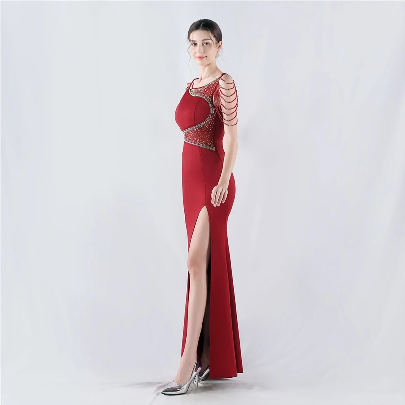 Heavy Hot Diamonds For Transparent Mesh High-Slit Satin Evening Dress Annual Meeting Wedding view 33