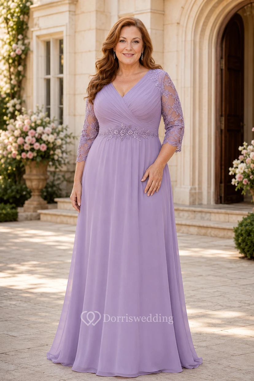 MOB Dress Wisteria Chiffon Lace A-Line 3/4 Sleeve V-Neck Floor Length Pleated