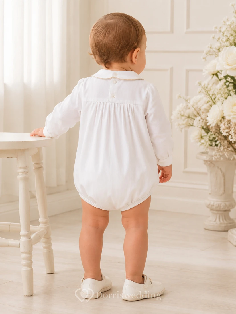 White Long Sleeve Pintuck Peter Collar Baptism Bubble Romper for Baby Boy view 2