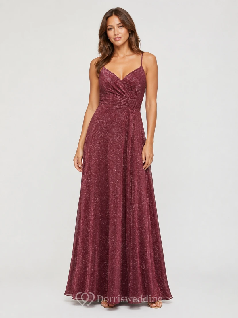 Burgundy Glitter Spaghetti Strap A-Line Formal Gown