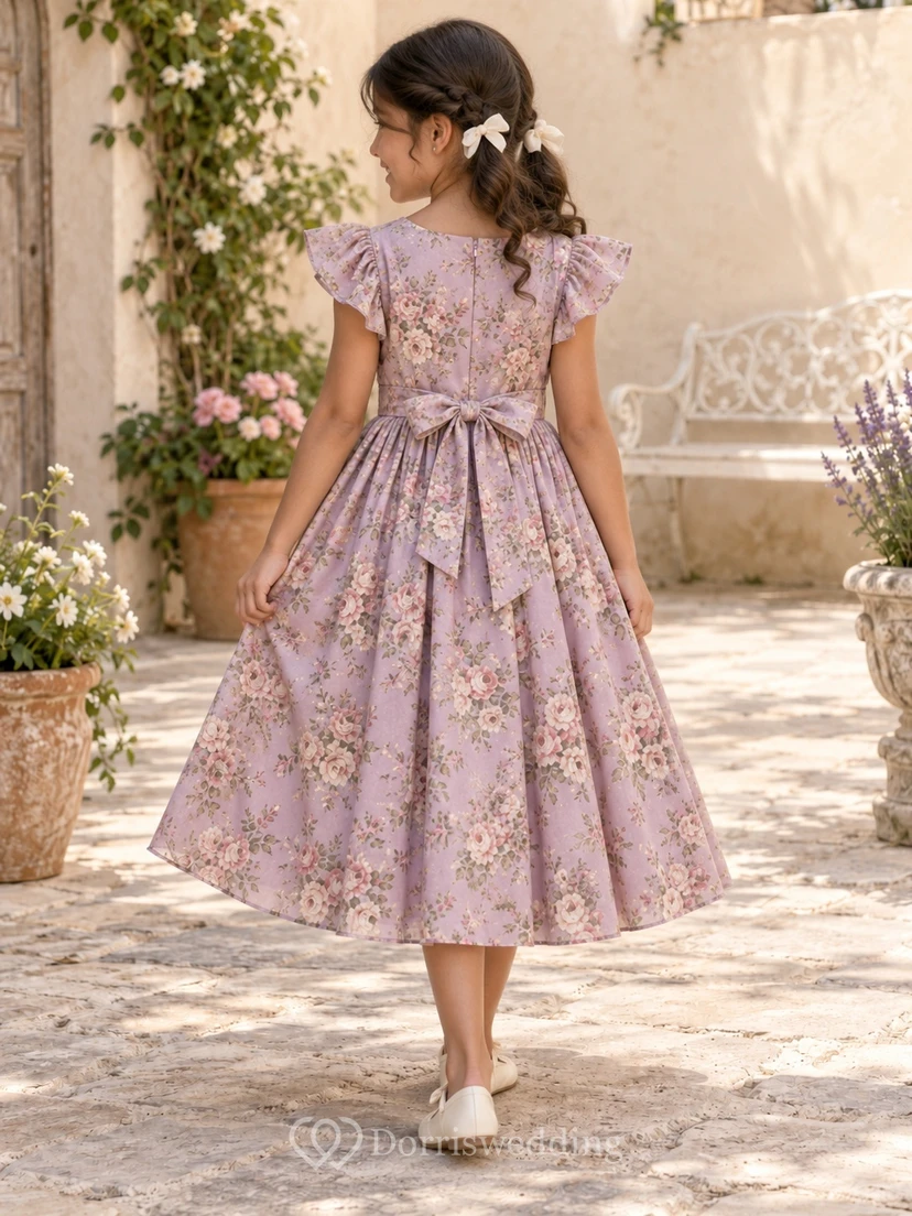 Teelanges, schlichtes lavendelfarbenes Blumenkleid in A-Linie mit flatternden Ärmeln und Schleife am Rücken für Blumenmädchen view 2