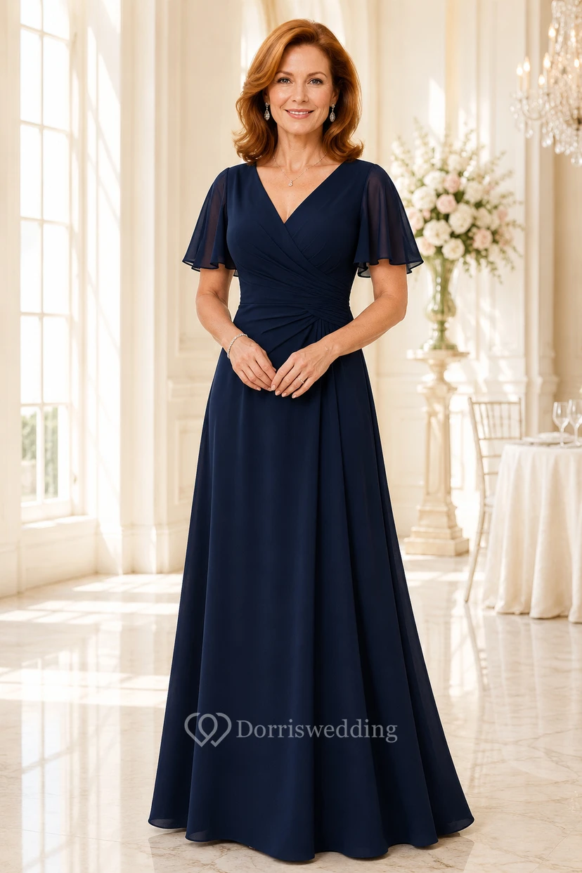 Robe mère bleu marine foncé en mousseline de soie, coupe trapèze, col en V et manches papillon