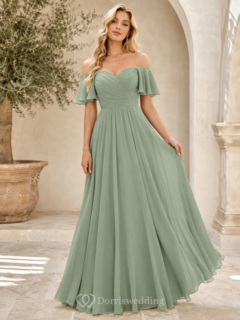 Formal Off-shoulder A-line Chiffon Floor-length Romantic Bridesmaid Dress