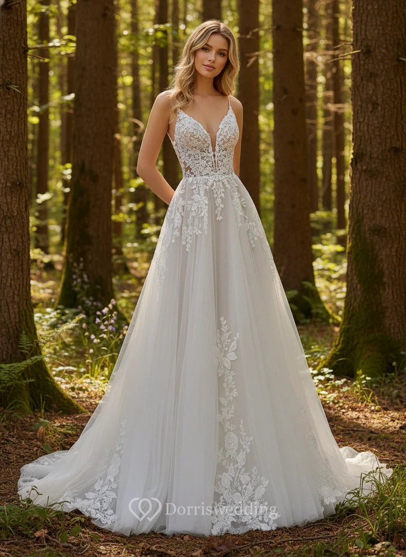 Robe de mariée bohème à bretelles spaghetti, ornée d'appliqués floraux et d'une coupe trapèze, en tulle avec décolleté plongeant en V.