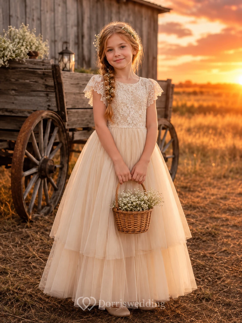Langes Tüllkleid mit Spitzenoberteil, Blumenmädchenkleid