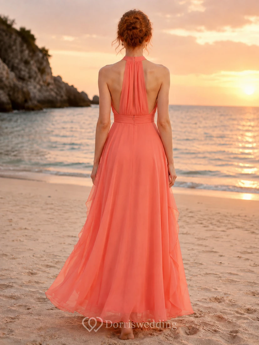 Coral Halter Neck Chiffon Floor Length A Line Beach Dress view 2
