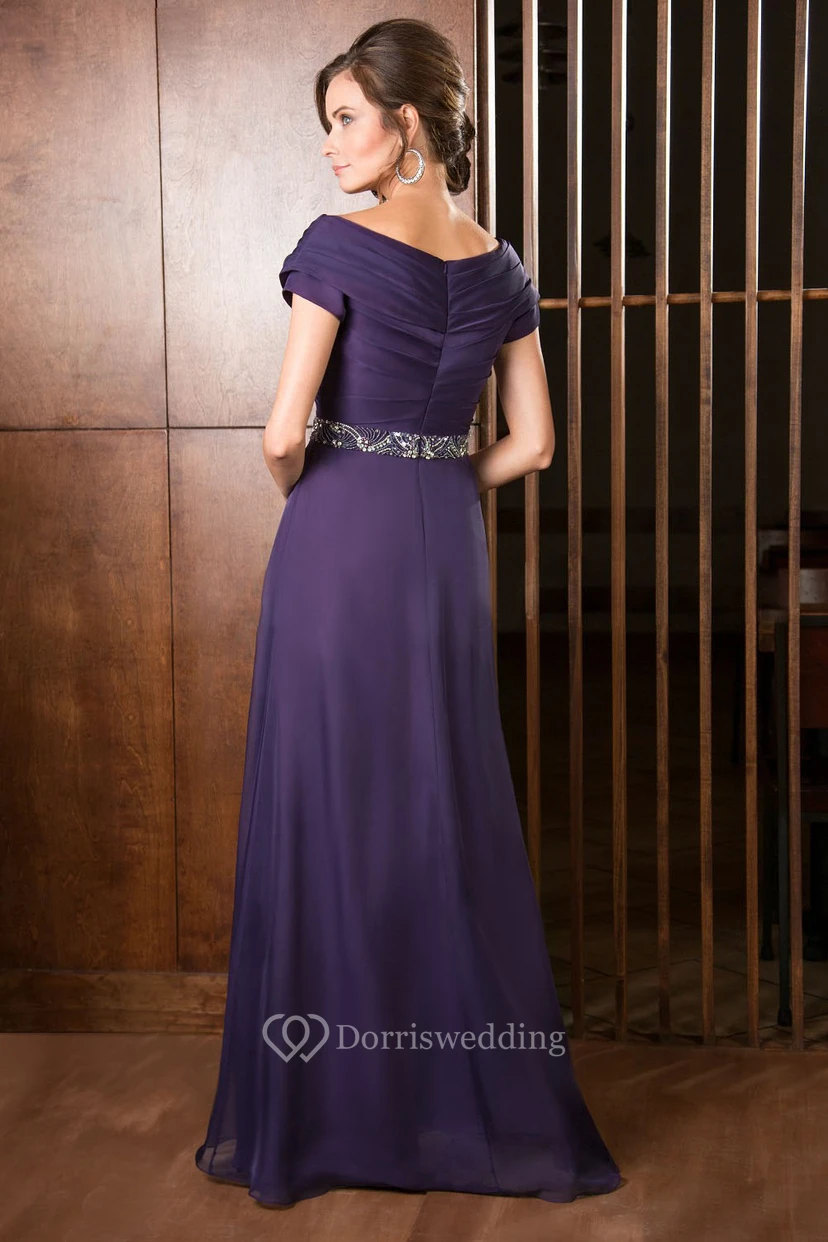 V-Neck A-Line Long Mother Of The Bride Dress With Ruches And Sequins view 2