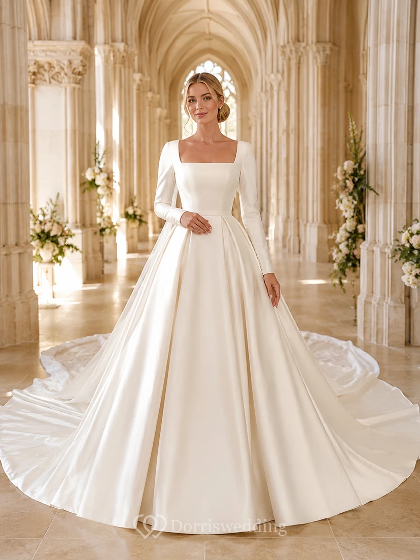 Robe de mariée longue à manches longues et col carré, en satin plissé, avec traîne cathédrale et dos couvert