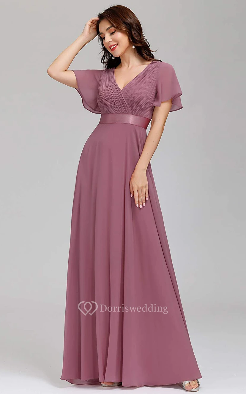 Elegant Chiffon V-neck A Line Short Sleeve Prom Mother Dress With Ruffles view 10