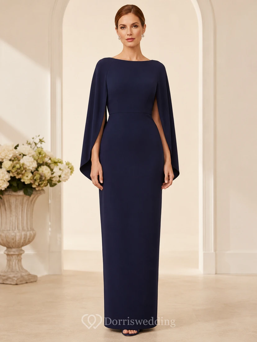 Navy Long Sleeve Jewel Neck Floor Length Modest Formal Dress