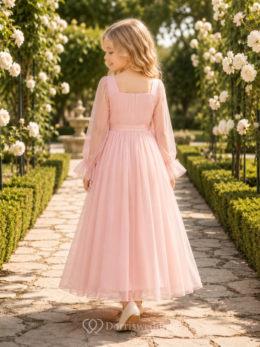 Romantic Ankle-Length A-Line Garden Flower Girl Blush Chiffon Long Sleeve Square Neck Dress view 2