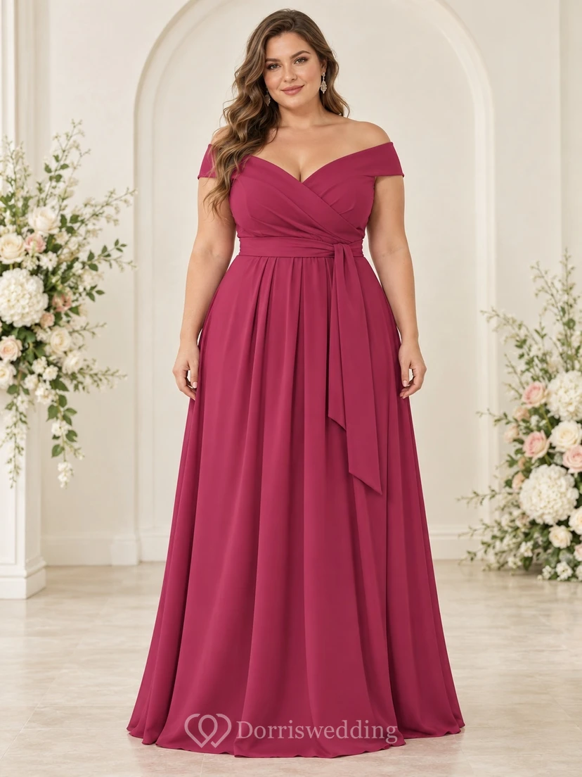 Vestido de dama de honor romántico de gasa color frambuesa con hombros descubiertos, fajín fruncido y caída fluida, talla grande.