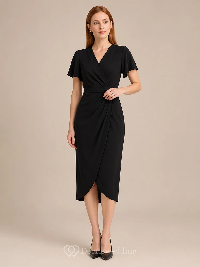Black Short Sleeve Wrap Pencil Minimal Studio Midi Dress