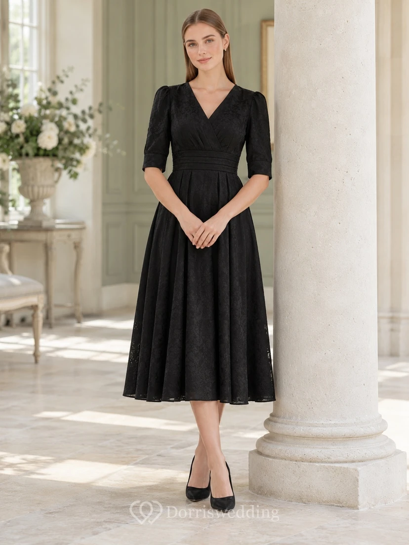 Modest Black V-Neck Elbow Sleeve Lace Pleated Midi Dress