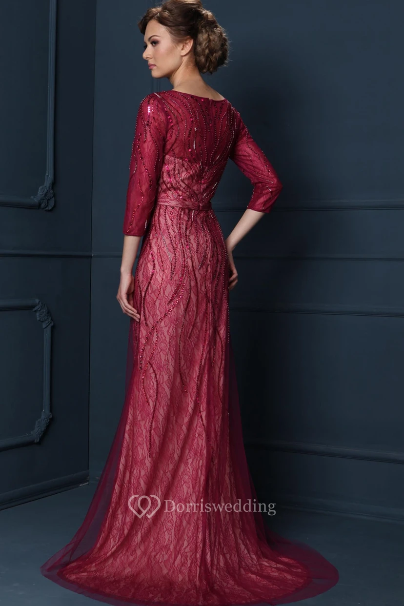 Beaded V-Neck 3-4 Sleeve Tulle Mother Of The Bride Dress With Brush Train view 2