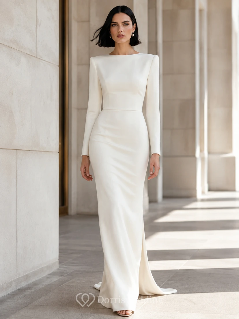 Robe de mariée fourreau simple en crêpe à col montant et manches longues, style court
